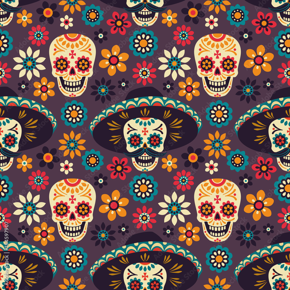 Day of the Dead. Seamless vector pattern with sugar skulls and flowers on dark background.
