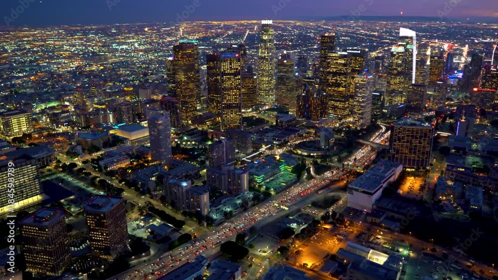 Aerial view of a Downtown Los Angeles just after sunset in 4k