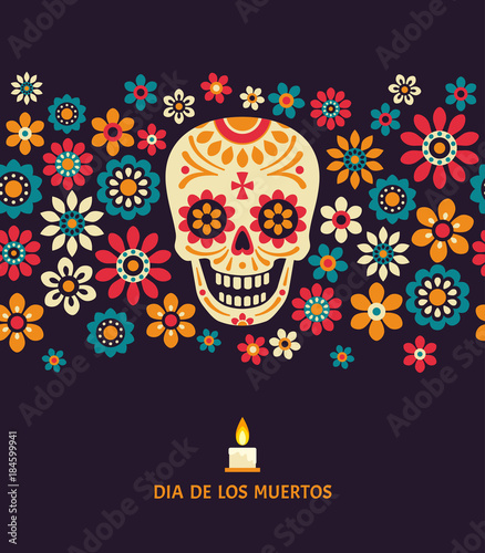 Dia de los muertos. Day of The Dead vector poster with smiling sugar festive skull, surrounded by colorful flowers, isolated on dark background.