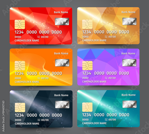 Realistic detailed credit cards set with colorful triangular design background.
