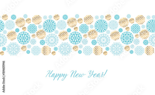 Luxury gold and blue header template. Christmas decorative snowflake background. Vector illustration with new year snow for xmas card, invitation, surface design.