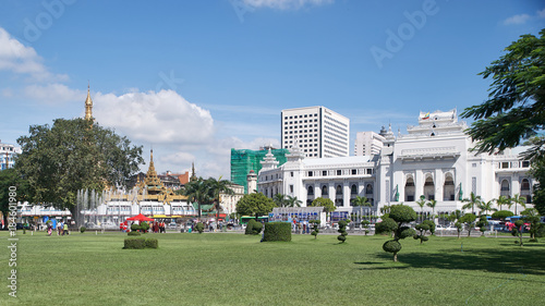 Sule pagoda and Yangon Municipal Office as seen from Maha Bandula Park in Yangon.