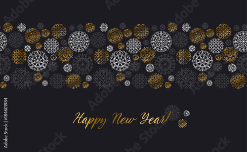 Luxury gold and black header template. Christmas decorative snowflake background. Vector illustration with new year snow for xmas card, invitation, surface design.