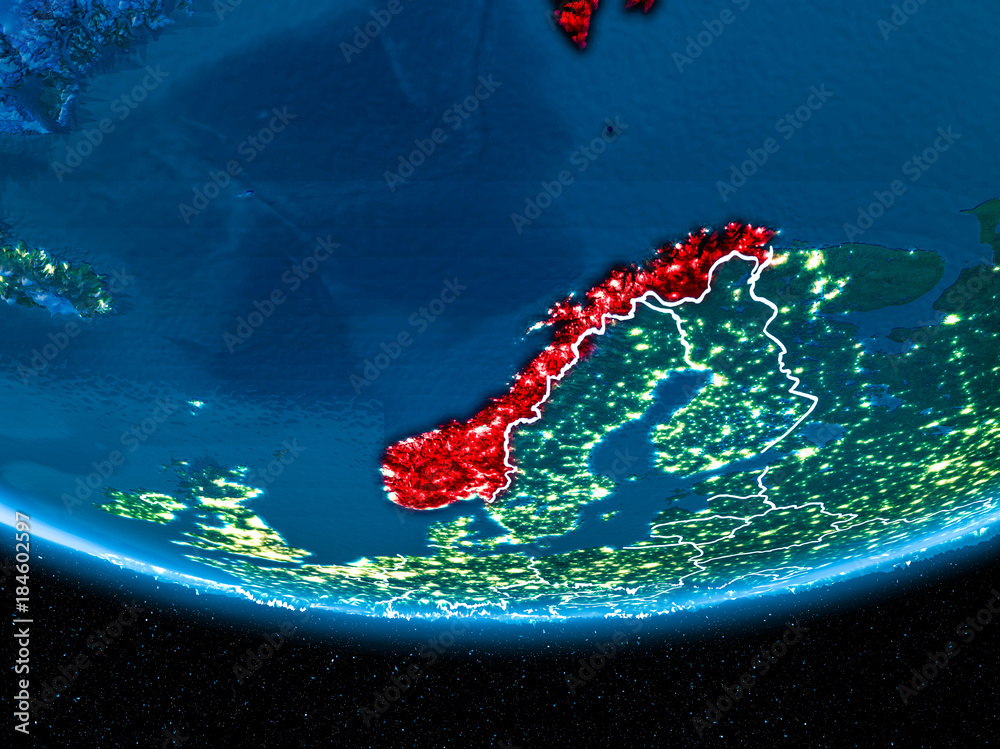 Norway on planet Earth from space at night Norway on planet Earth from space at night