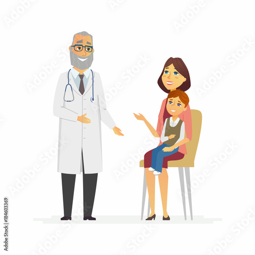 Mother with son at doctors - cartoon people characters isolated illustration