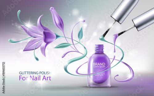 Glittering nail polish in open purple glass bottle, two brushes with colorful drops and beautiful flower. Decorative cosmetics 3D realistic vector illustration. Template for brand advertising, banner