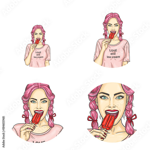 Set of vector pop art round avatar icons for users of social networking, blogs, profile icons. Young pin-up girl, teenager with pink hair holds red popsicle in her hand and is going to bite it