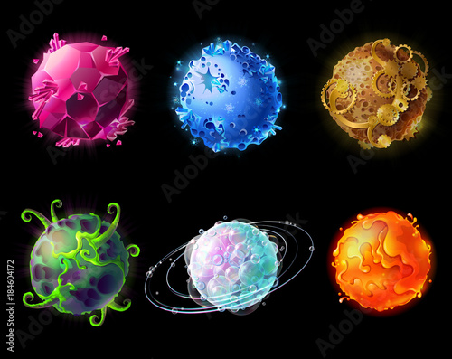 Color fantasy space planet, vector cartoon icons isolated on black background. Cosmic elements for game design, fire, snow, mechanical, planet of soap bubbles, crystals, planet of plants