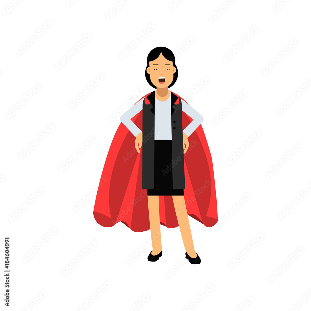 Confident business lady standing with arms akimbo in red superhero mantle. Cheerful woman character wearing formal suit. Successful office worker. Flat vector Confident business lady standing with arms akimbo in red superhero mantle. Cheerful woman character wearing formal suit. Successful office worker. Flat vector