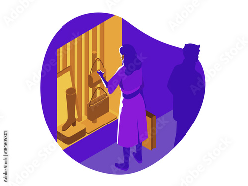 Sale, consumerism and people concept. Young woman with shopping bags pointing finger to shop window. Vector illustration.