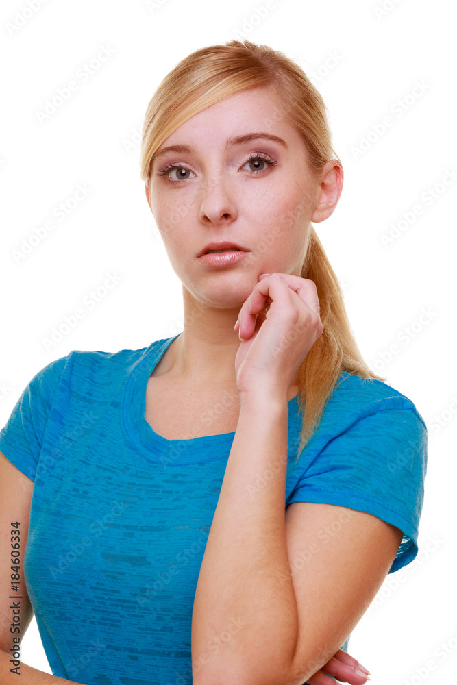 Portrait casual blond thoughtful pensive girl female student isolated Portrait casual blond thoughtful pensive girl female student isolated