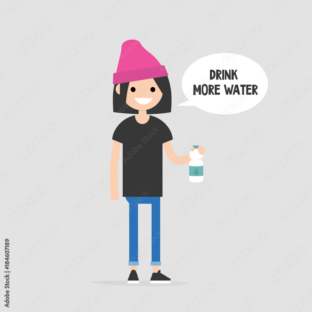 Drink more water. Helpful advice. Healthy lifestyle. Flat editable vector illustration, clip art. Young female character holding a plastic bottle