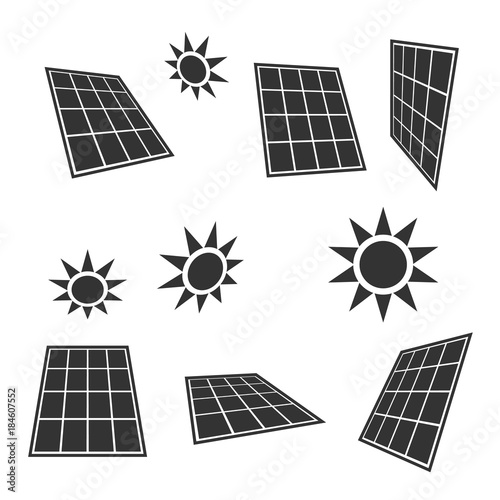 Solar panels, sun icons, alternative energy symbols, black isolated on white background, vector illustration.