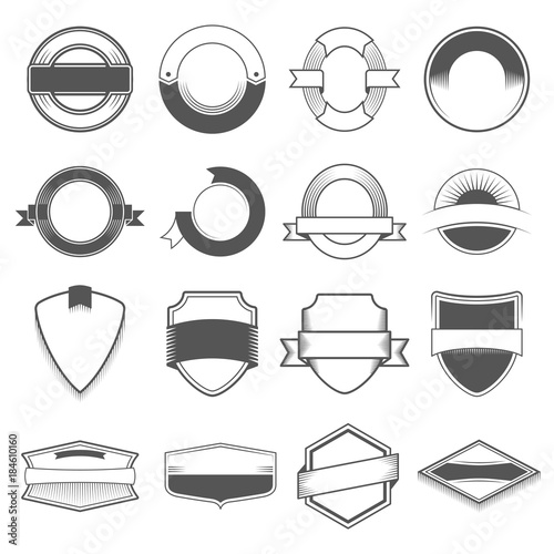 Set of sixteen badges, logos, borders, ribbons, emblem, stamp, and objects. Monochrome style