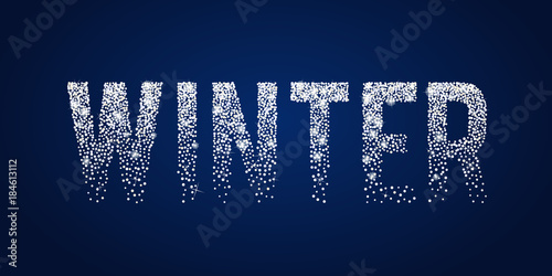 Winter shiny white typographic text. Holiday Season theme design template. Greeting card with sparkles, confetti, shine stars, twinkles on dark blue background. Xmas 2018 Vector graphic illustration