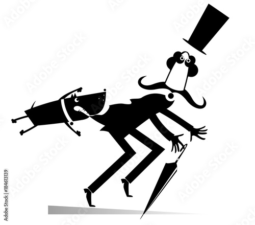 Cartoon aggressive dog and frightened man isolated. Aggressive dog grabs the mustache man in the top hat and umbrella by the clothes black on white illustration
