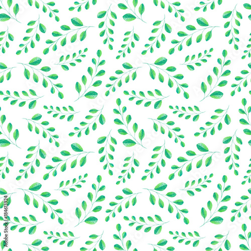 Watercolor botanical leaves pattern. Seamless watercolour texture, small green branches on white background. Hand painted illustration, repeat tiles. Stylish design for decor, prints, textile, covers