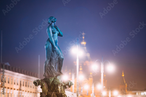 Helsinki, Finland. Night View Of Fountain Havis Amanda Is Nude Female Statue Sculpted By Ville Vallgren. Statue Symbolize Rebirth