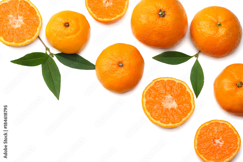 mandarin with slices and green leaf isolated on white background top view mandarin with slices and green leaf isolated on white background top view