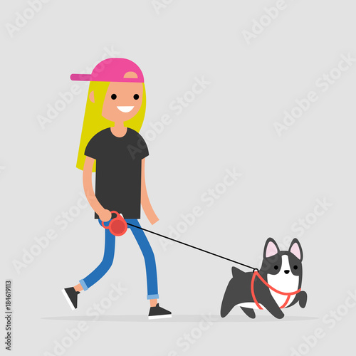 Young female character walking a dog. Pet owner. Flat editable vector illustration, clip art