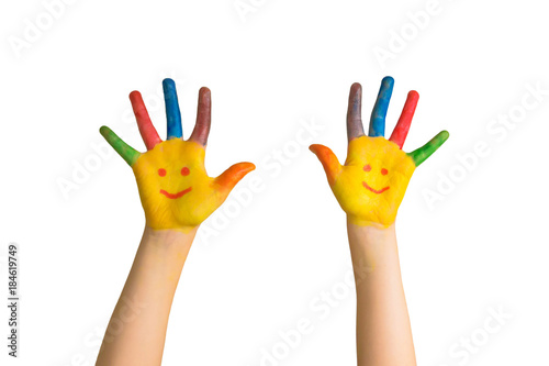 Children's painted hands with smiling faces.