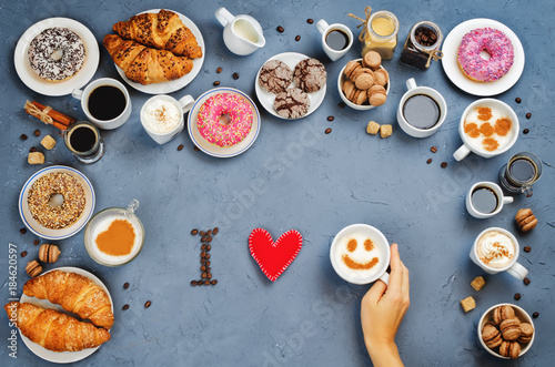 I love coffee with woman's hand and different types of coffee and desserts to them