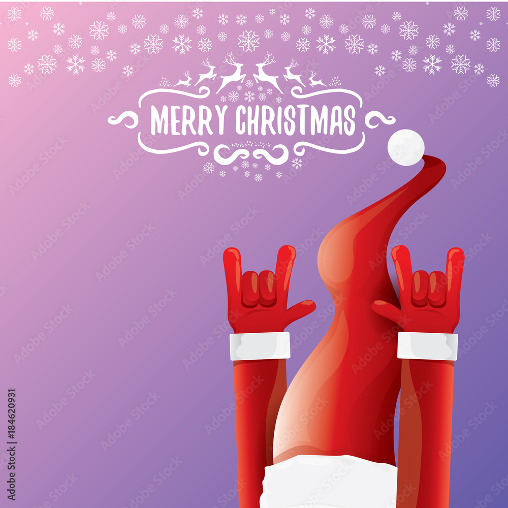 vector cartoon rock n roll Santa Claus with calligraphic greeting text on night violet background with snowflakes. Merry Christmas Rock n roll party poster design vector cartoon rock n roll Santa Claus with calligraphic greeting text on night violet background with snowflakes. Merry Christmas Rock n roll party poster design