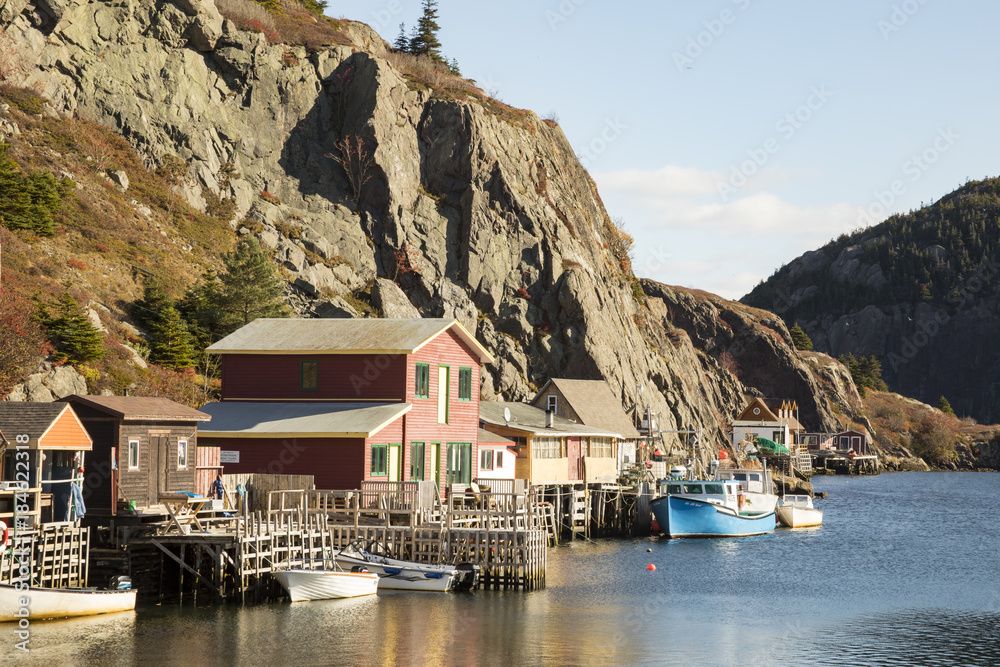 Houses with fishing boats  in historic Quidi Vidi Village, St. Johns, Newfoundland, Canada