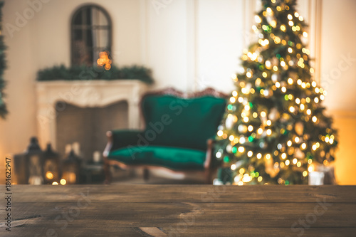 Christmas holiday background with empty rustic table