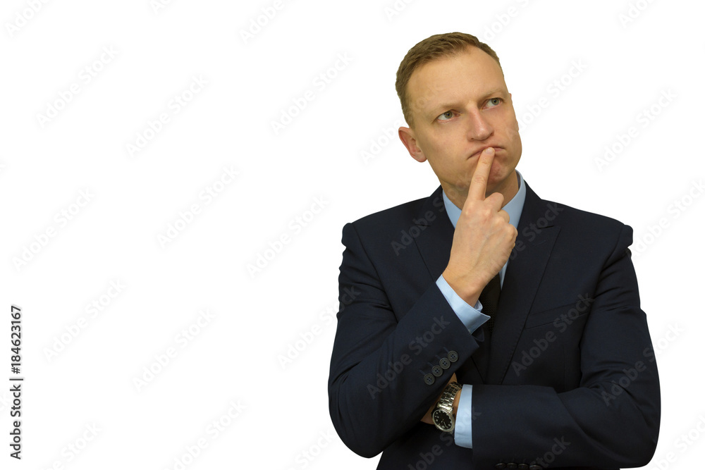 portrait of buisness man looking upwards daydreaming something, thinking. isolated on white background. portrait of buisness man looking upwards daydreaming something, thinking. isolated on white background.