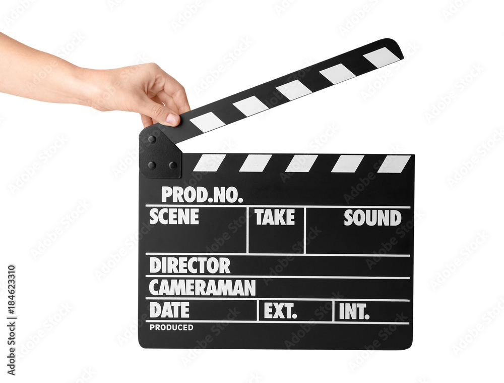 Fototapeta premium Female hand with clapperboard against white background