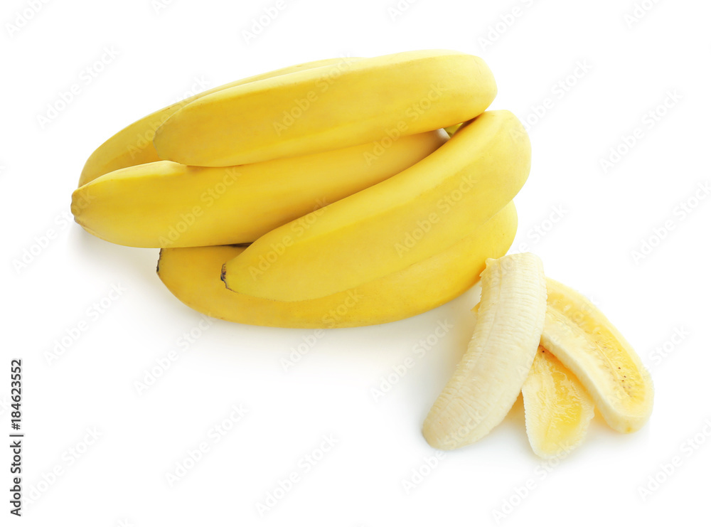 Tasty ripe bananas on white background
