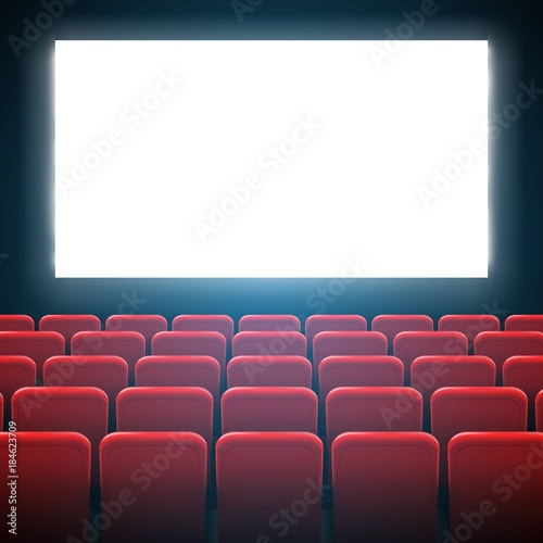 Creative vector illustration of movie cinema screen frame and theater interior. Art design premiere poster background, lights and rows red seats. Abstract concept graphic scene element