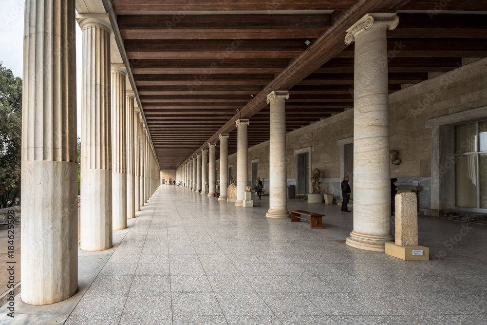 Stoa of Attalos, in the Agora of Athens, Greece. It was built by King Attalos II of Pergamon, typical of hellenistic age under the rock of Acropolis.