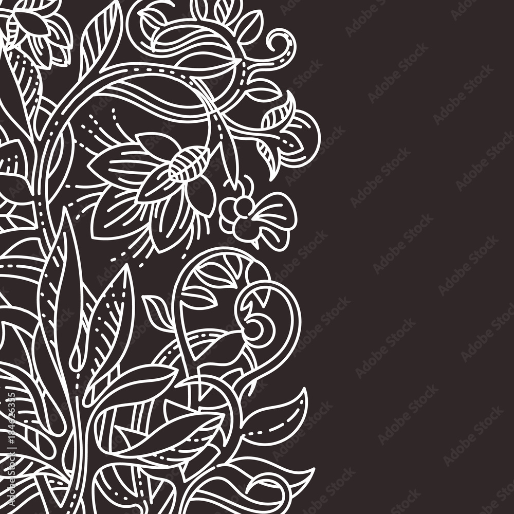 Fototapeta premium Floral design template linear style. White on dark brown.
