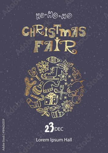 Christmas Fair poster template. Hand drawn doodles in gold on dark grey background