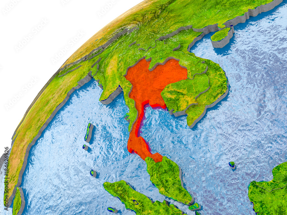 Map of Thailand in red on globe