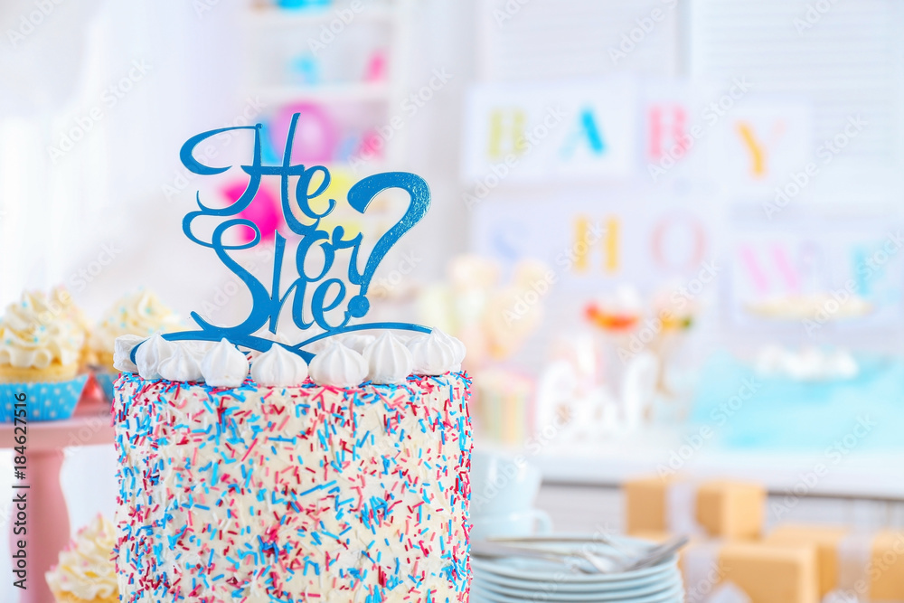 He Or She Cake For Baby Shower Party Closeup Stock Photo Adobe Stock