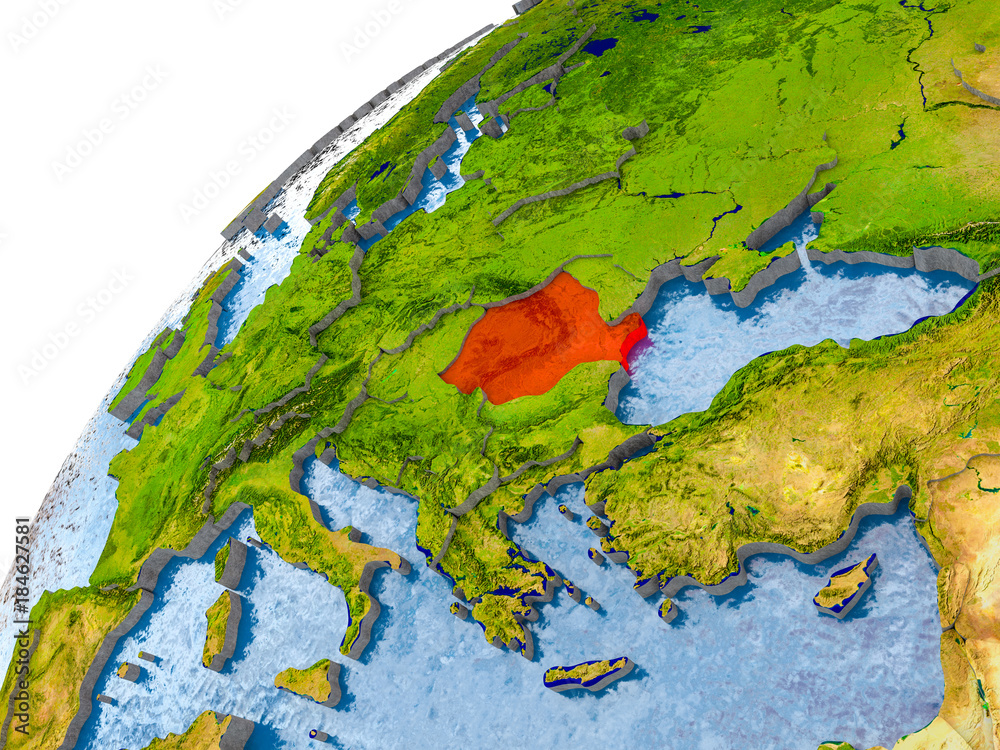 Map of Romania in red on globe