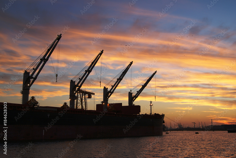 Ship loading cargo in the Port of Rotterdam at Sunset