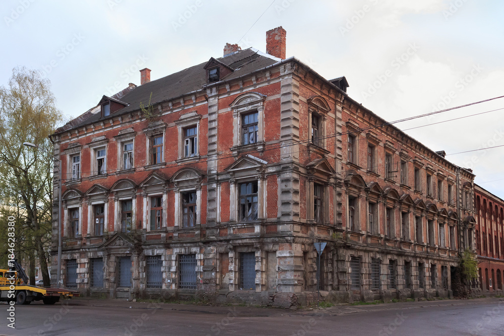 View of the old abandoned building in the center of Kaliningrad (former german town Konigsberg). At the end of World War II in 1945, the city became part of the Soviet Union. Now is russian exclave.