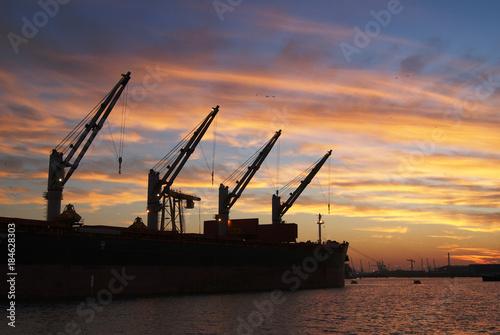 Ship loading cargo in the Port of Rotterdam at Sunset photo