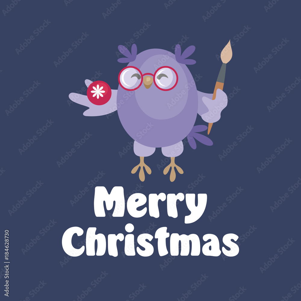 Fototapeta premium Christmas greeting card with the image of funny owls. Full color vector illustration.