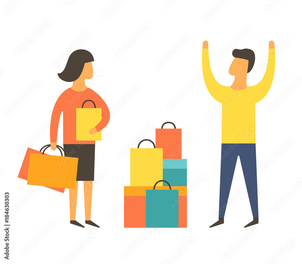 Shopaholic woman buying too much. Angry husband. Shopping addiction vector Shopaholic woman buying too much. Angry husband. Shopping addiction vector
