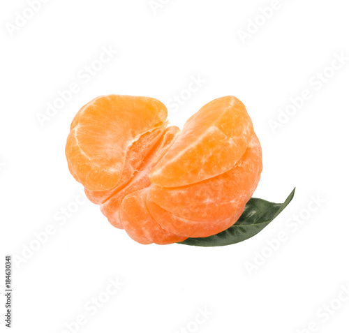 Half of tangerine or mandarin orange fruit and peeled, isolated on white background with clipping path