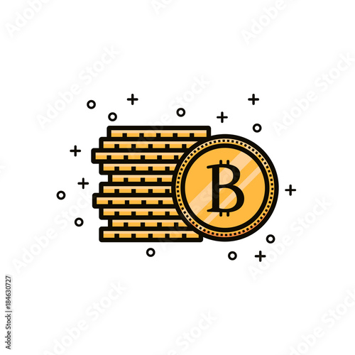 Bitcoin crypto currency sign with bunch of coins. Stack of bit coins flat color line icon on isolated background. Vitrtual or internet btc money symbol or sign.