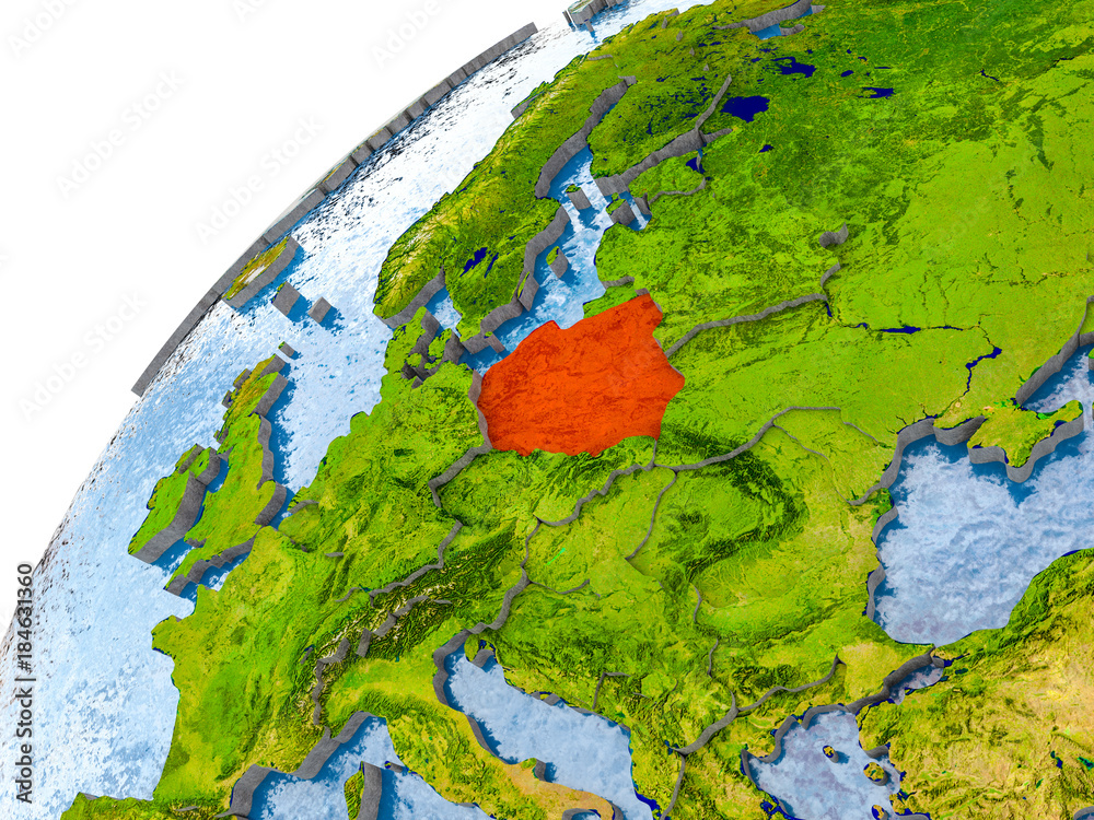 Map of Poland in red on globe