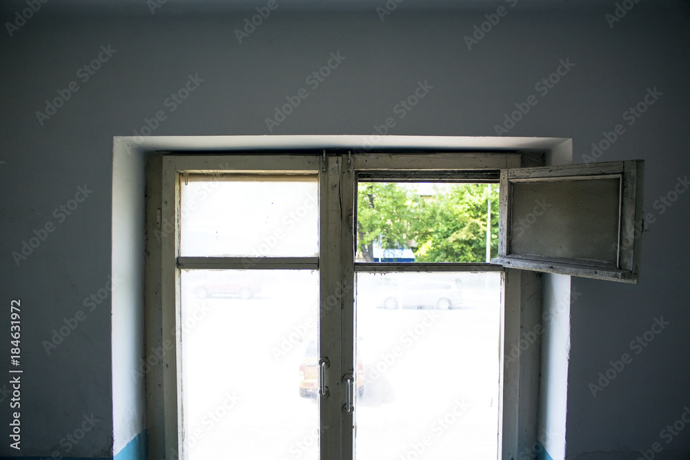 Clear sunny day outside the old window background Clear sunny day outside the old window background