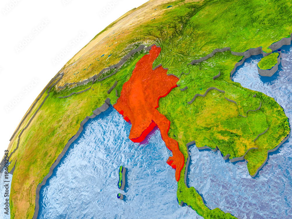 Map of Myanmar in red on globe