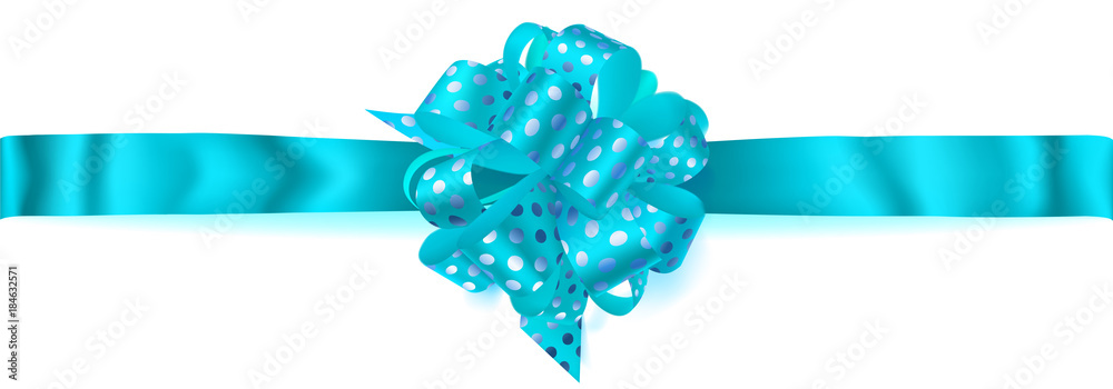 Beautiful big horizontal bow made of light blue ribbon in polka dots with shadow on white background Beautiful big horizontal bow made of light blue ribbon in polka dots with shadow on white background